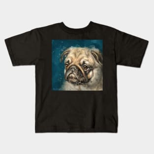 Expressive painting of a Pug on a dark blue background Kids T-Shirt